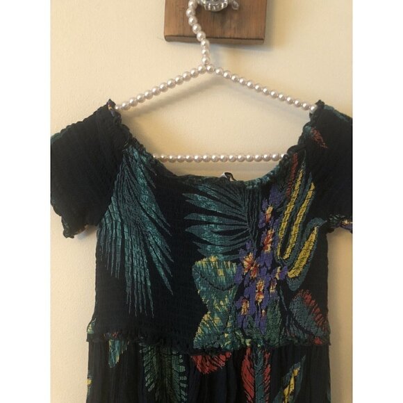 Patrons Of Peace Womens Size M Black Tropical Floral Dress Smocked Short Sleeve - Picture 5 of 6